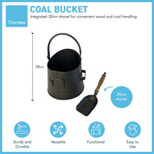 Load image into Gallery viewer, 28cm(h) Straight sided Matt Black COAL BUCKET with shovel | scuttle | hod | BUILT IN 30CM SHOVEL | Fireside accessory | log store | fireplace