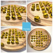 Load image into Gallery viewer, 30cm Diameter WOODEN SOLITAIRE BOARD GAME with BUMBLEBEE GLASS MARBLES | classic wooden solitaire game | strategy board game | family board game | games for one | board games