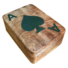 Load image into Gallery viewer, Handcrafted 𝗪𝗢𝗢𝗗𝗘𝗡 𝗣𝗟𝗔𝗬𝗜𝗡𝗚 𝗖𝗔𝗥𝗗 𝗕𝗢𝗫 with Silver Ace of Spades Inlay – Single Deck Storage Case with Playing Cards, Poker Gift for Card Players