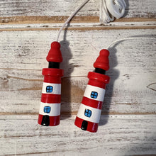 Load image into Gallery viewer, Pair of Red and white Lighthouse light pulls | Nautical Theme Wooden Lighthouse Cord Pull Light Pulls