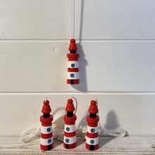 Load image into Gallery viewer, Set of 4 Red and white Lighthouse light pulls | Nautical Theme Wooden Lighthouse Cord Pull Light Pulls