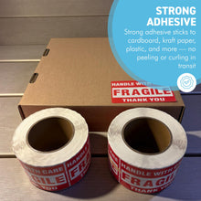 Load image into Gallery viewer, Two Rolls Premium Fragile Warning Stickers – Self-Adhesive “Fragile Handle with Care” Shipping Labels, 1000 Stickers per Roll, Bright Red & White, Waterproof & Tear-Resistant, for Boxes, Parcels & Packages