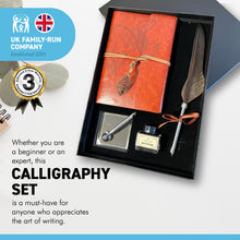 Load image into Gallery viewer, BROWN FEATHER QUILL PEN NOTEBOOK STAND AND INK | Calligraphy Set | Writing Set| Ink Pen | Leather Bound Notebook | Feather Pen | Creative Writing | Script