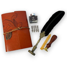 Load image into Gallery viewer, BLACK FEATHER QUILL 5 NIBS PEN NOTEBOOK QUILL PEN STAND INK WAX SEAL AND FLEUR DE LIS STAMP | Calligraphy Set | Writing Set | Ink Pen | Leather Bound Notebook | Feather Pen