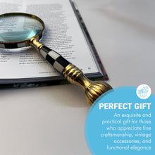 Load image into Gallery viewer, Magnifying Glass with Mother of Pearl Inlay and ball and chess patterned handle, elegant decorative handheld magnifier for reading and collecting
