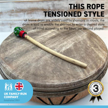 Load image into Gallery viewer, 40cm diameter Ghanaian Shamanic Sami hand drum with wooden beater | frame drum | medicine | Viking / Pagan Hand Drum | wooden frame | rope weaved handles at the rear | deep resonant tone