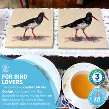 Load image into Gallery viewer, 2 x OYSTER CATCHER STONE COASTERS | Stone Coasters | Animal novelty gift | Coaster for glass, mugs and cups| Square coaster for drinks | Beach gift | Meg Hawkins art | 10cm x 10cm