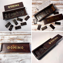 Load image into Gallery viewer, Wooden Domino Set in wooden box with Sliding Lid, includes premium domino pieces