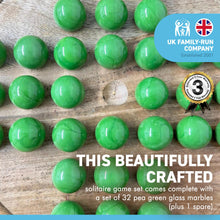 Load image into Gallery viewer, 30cm Diameter MANGO WOOD SOLITAIRE BOARD GAME with Pea Green Glass Marbles | |classic wooden solitaire game | strategy board game | family board game | games for one | board games