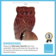Load image into Gallery viewer, 4-piece Owl Wooden Puzzle Box | Wooden Owl Puzzle Box | Handmade wooden puzzle box | Handmade Wooden trinket secrets Box | Sustainable Shesham wooden hand carved box | 12cm (w) x 5cm (h)