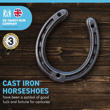 Load image into Gallery viewer, Decorative Cast Iron Horseshoe | cast iron decorative wall door decor | Wedding Arts and Craft | Fixing screws included | 9cm (h) x 7.5cm (w) | Horse shoe good luck charm