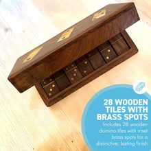 Load image into Gallery viewer, Solid Wood Dominoes Set with Brass Inlay Storage Box - 28 Tiles with Brass Spots and a Hinged Lid