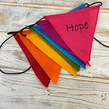 Load image into Gallery viewer, Affirmation Multi Coloured Bunting | Hope, Faith, Love, Happiness, Believe, Dream and Peace | Well Being Bunting | 190 cm length flags measure 14cm |Garland for Garden Wedding Birthday Indoor Outdoor