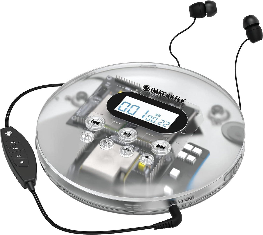 Oakcastle Transparent CD100 RECHARGEABLE BLUETOOTH CD PLAYER | 12hr Portable Playtime | In Car Compatible Personal CD Player | Headphones Included, AUX Output, Anti-Skip Protection, Custom EQ, CD Walkman