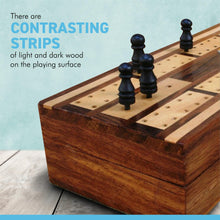 Load image into Gallery viewer, Wooden cribbage board with pegs and two packs of playing cards