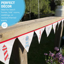 Load image into Gallery viewer, Cotton Lighthouse Bunting (195cm long) for Coastal Dรฉcor and Celebrations,12 Flags, Red & Blue Nautical Theme, Reusable & Washable