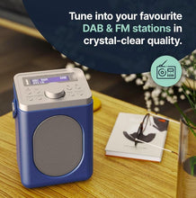 Load image into Gallery viewer, Majority Little Shelford Radio, DAB, DAB+ Digital and FM Bluetooth, Portable, Battery and Mains Powered, Bluetooth Connectivity, Dual Alarm, 15 Hours Playback and LCD Display - Blue & Grey