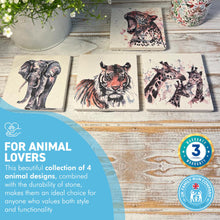 Load image into Gallery viewer, WILDLIFE SET OF 4 COASTERS | Leopard | Giraffe | Tiger | Elephant | Stone Coasters | Animal novelty gift | Coaster for glass, mugs and cups| Square coaster for drinks | Meg Hawkins art | 10cm x 10cm