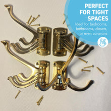 Load image into Gallery viewer, Set of four Polished Brass 𝟯-𝗣𝗥𝗢𝗡𝗚 𝗦𝗪𝗜𝗩𝗘𝗟 𝗖𝗢𝗔𝗧 𝗛𝗢𝗢𝗞𝗦, Folding Wall Mount Hanger with Screws Included