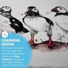 Load image into Gallery viewer, Puffin Stone Coaster with watercolour illustration, Decorative Wildlife Coaster, British artist, Meg Hawkins