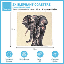 Load image into Gallery viewer, 2 x ELEPHANT STONE COASTERS | Stone Coasters | Animal novelty gift | Coaster for glass, mugs and cups| Square coaster for drinks | Elephant gift | Meg Hawkins art | 10cm x 10cm