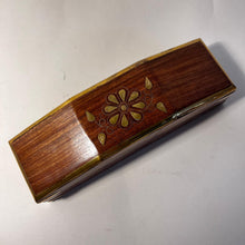 Load image into Gallery viewer, Wooden Treasure Chest Trinket Box with Tapered Ends and Brass Floral Inlay | Shesham Rosewood Keepsake Box, Distressed Finish, 25cm x 7cm x 9cm