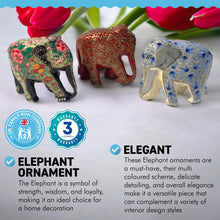 Load image into Gallery viewer, SET OF THREE PAPER MACHE ELEPHANT ORNAMENTS | Animal Decorations | Wildlife Sculptures | Paper Mache Animals | Multi coloured | Home Decor | Elephants represent Good Luck