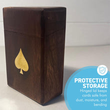 Load image into Gallery viewer, Handcrafted brown wooden playing card box with brass Ace of Spades design