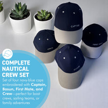 Load image into Gallery viewer, Set of 4 Adjustable Navy-Blue Baseball Caps, Captain, Bosun, First Mate & Crew, Nautical Boating Hats for Sailing, Yachting & Team Uniform