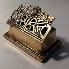 Load image into Gallery viewer, Antique style brass sunflower postage stamp holder and inkwell – polished brass desk organizer and storage