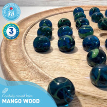 Load image into Gallery viewer, 30cm Diameter WOODEN SOLITAIRE BOARD GAME with SEA TURTLE GLASS MARBLES | classic wooden solitaire game | strategy board game | family board game | games for one | board games
