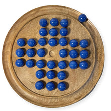 Load image into Gallery viewer, 30cm Diameter MANGO LIGHT BROWN WOOD SOLITAIRE BOARD GAME with OPAL BLUE Glass Marbles | |classic wooden solitaire game | strategy board game | family board game | games for one | board games
