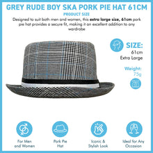 Load image into Gallery viewer, Grey rude boy ska pork pie hat, Size 61cm, X Large, Unisex pork pie hat, Fedora trilby pork pie style