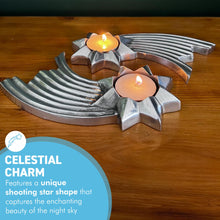 Load image into Gallery viewer, Set of Two Celestial Elegance: Brushed Silver Aluminum Shooting Star Tea Light Candle Holders,  Modern Decorative Accent