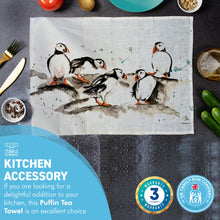 Load image into Gallery viewer, Puffin Tea Towel | 100% Cotton | Large kitchen towel for drying| Hand towel with group of Puffins | Puffin themed gift | Beach Gift | Cotton tea towel | 70 cm x 50 cm
