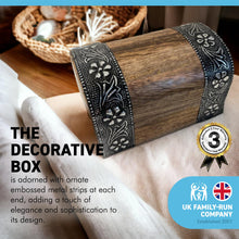 Load image into Gallery viewer, Mango Wood Treasure KeepsakeMANGO WOOD TREASURE CHEST KEEPSAKE BOX | Jewellery Box | Trinket Box | Treasure Chest | Wooden Box | Keepsake Box | Decorative Floral Embossed   Chest Box