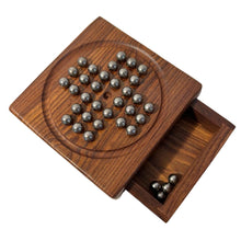 Load image into Gallery viewer, WOODEN SOLITAIRE WITH DRAWER FOR STORING THE METAL MARBLES| Travel games | Wooden Games | Strategic Games | Traditional Games Loved by Adults