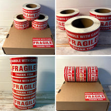 Load image into Gallery viewer, Three Rolls Premium Fragile Warning Stickers – Self-Adhesive “Fragile Handle with Care” Shipping Labels, 1000 Stickers per Roll, Bright Red & White, Waterproof & Tear-Resistant, for Boxes, Parcels & Packages