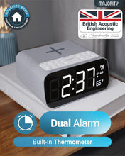 Load image into Gallery viewer, MAJORITY Bluetooth Bedside FM Radio Alarm Clock | Wireless Charging for Phones| 12W Stereo Sound with Dual Alarm, Built-in Thermometer, and 30 Presets | Large Dimmable Display Darwin digital clock