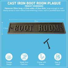 Load image into Gallery viewer, The Boot Room Plaque – A Cast Iron Wall Sign with an Antique Iron Finish