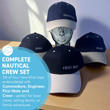 Load image into Gallery viewer, Set of 4 Adjustable Navy-Blue Baseball Caps, Commodore, Engineer, First Mate and Crew, Nautical Boating Hats for Sailing, Yachting & Team Uniform