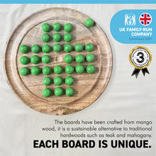 Load image into Gallery viewer, 30cm Diameter MANGO WOOD SOLITAIRE BOARD GAME with Pea Green Glass Marbles | |classic wooden solitaire game | strategy board game | family board game | games for one | board games