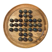 Load image into Gallery viewer, 30cm Diameter WOODEN SOLITAIRE BOARD GAME with GLITTERBOMB GLASS MARBLES | classic wooden solitaire game | strategy board game | family board game | games for one | board games