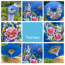 Load image into Gallery viewer, FLORAL OILED PAPER SUNSHADE PARASOL | Sun Protection | Wedding Accessories | UV Protection | Pink and Blue Flowers | Butterflies| Blue