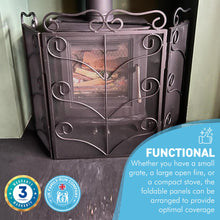 Load image into Gallery viewer, Black Metal foldable 3-panel fireplace surround screen 58cm high with mesh netting | Spark Guard | Fire guard | decorative pattern | Indoor or outdoor use | for open fires, log burners, stoves