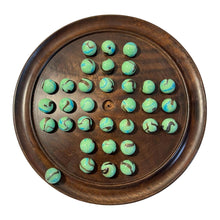 Load image into Gallery viewer, 30cm Diameter WOODEN SOLITAIRE BOARD GAME with BUTTERFLY GLASS MARBLES | classic wooden solitaire game | strategy board game | family board game | games for one | board games