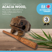 Load image into Gallery viewer, WOODEN CROAKING FROG GUIRO in a gift Box | Percussion Instrument | Fair Trade Percussion Instrument| Musical Instrument Sound Block | Childrens Musical Instrument| Frog| Wooden Frog