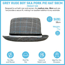 Load image into Gallery viewer, Grey rude boy ska pork pie hat, Size 58cm, Medium, Unisex pork pie hat, Fedora trilby pork pie style