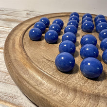 Load image into Gallery viewer, 30cm Diameter MANGO LIGHT BROWN WOOD SOLITAIRE BOARD GAME with OPAL BLUE Glass Marbles | |classic wooden solitaire game | strategy board game | family board game | games for one | board games