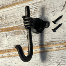 Load image into Gallery viewer, Antique style Iron Coat Hook, Single Hand Grasping Shepherd's Staff Design, 90mm Cast Iron Wall Mount